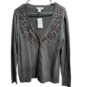 NWT Gray Holiday Cardigan, size Small,‎ Red/Green/White/Black Pom Poms